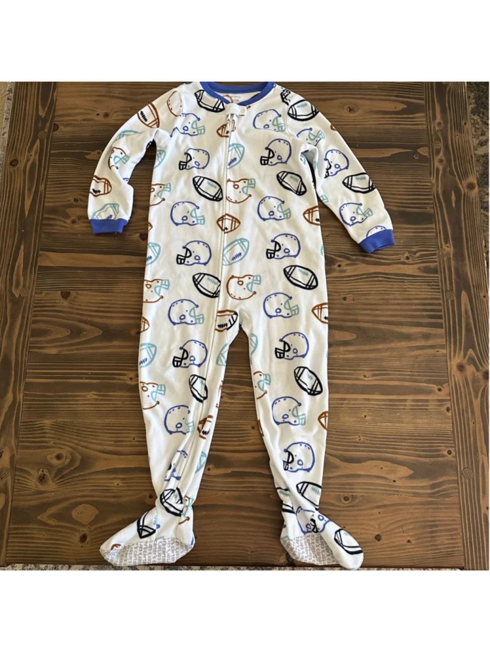 Boys Carter’s Football Print Footed Pajamas 5T White Blue Sleepwear Helmets